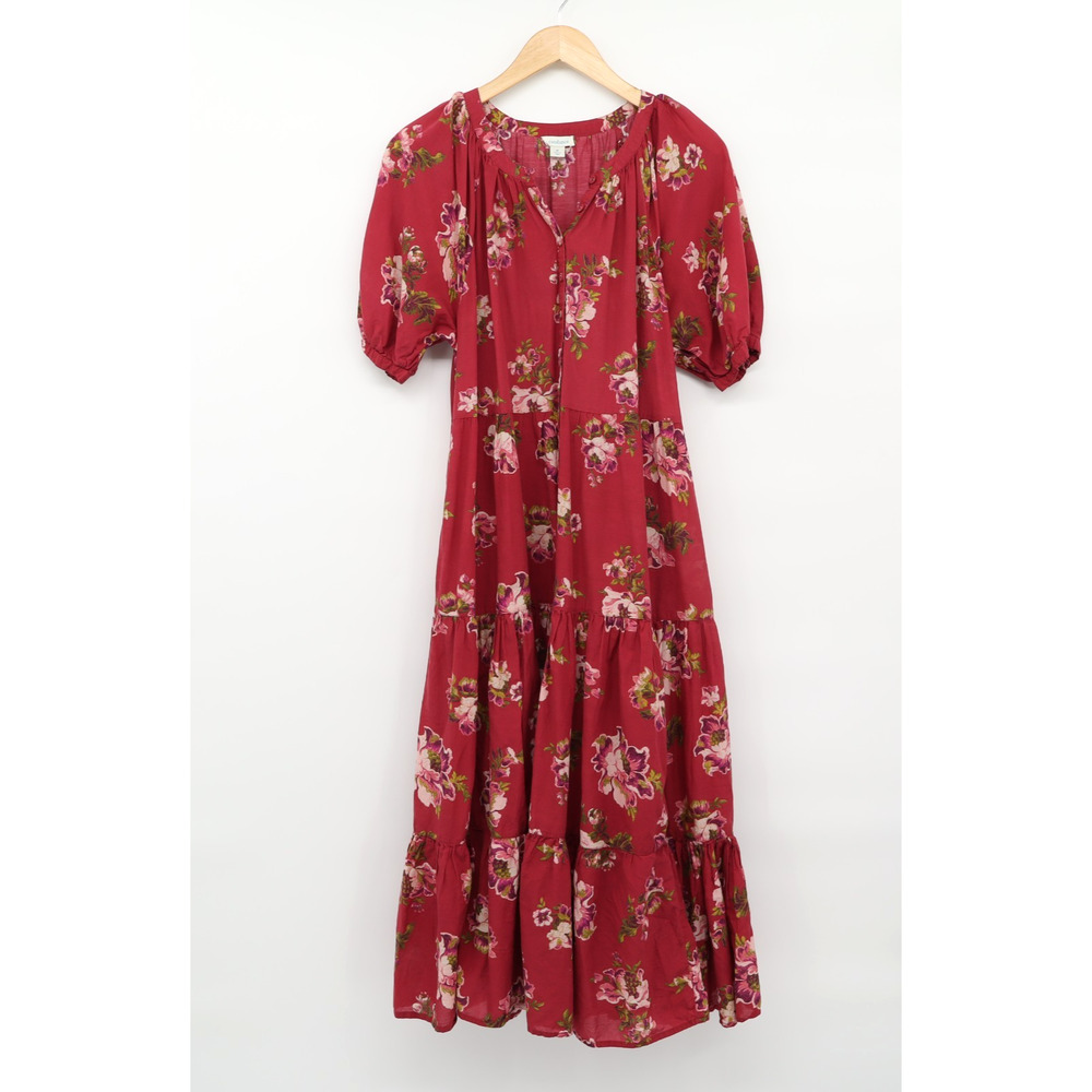 Sundance Marnie Tired Floral Dress Sz M Puff Sleeve Burgundy Pockets Button - Picture 2 of 6